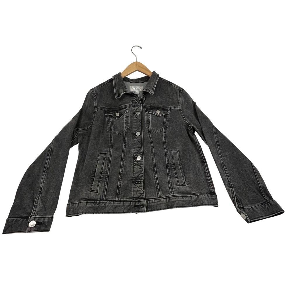 Time and Tru Womens Black Acid Wash Denim Trucker Jacket Size L 12-14 Stretch